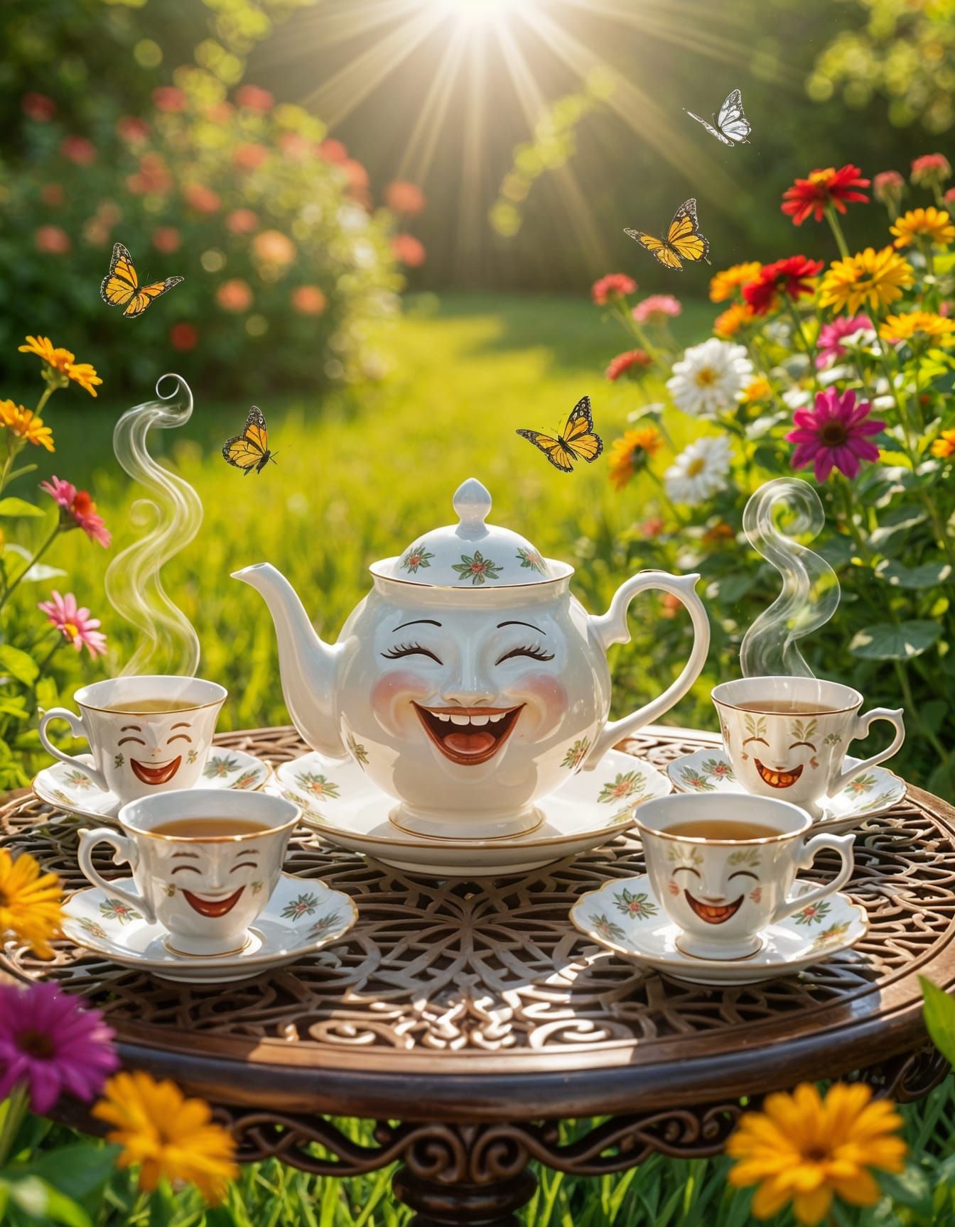A surreal photo of a porcelain teapot with a smiling mouth and several steaming cups of tea with happy faces on a carved table in a garden c...