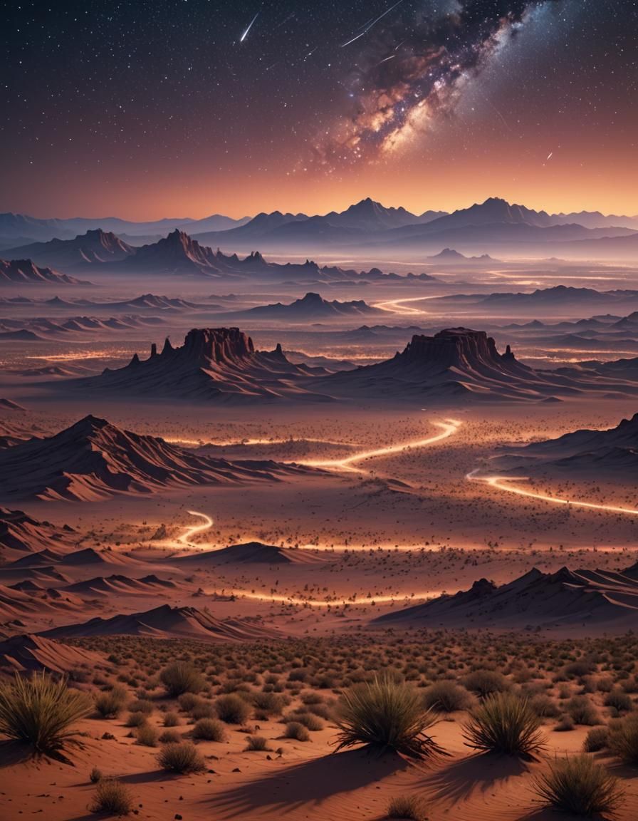 stunning desert at nightfall, endless landscape view, bright...