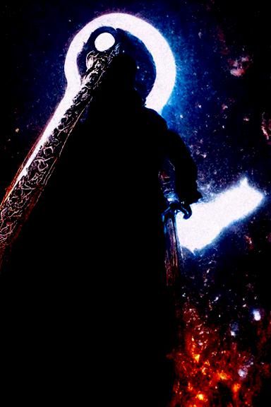 Man holding a giant sword wearing a cloak trending on Artstation Unreal Engine 3D shading shadow depth horror Gustave Do...