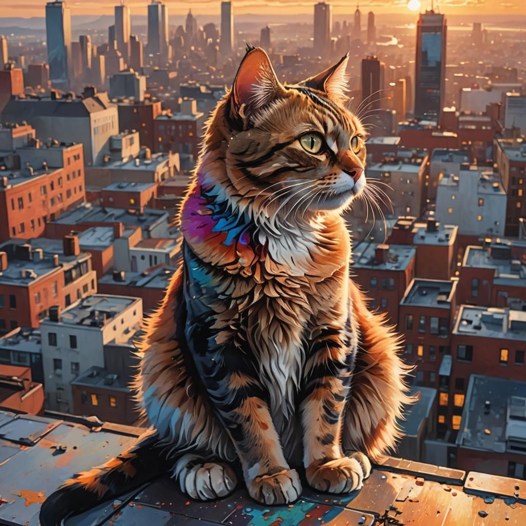 A cat with its back to the viewer, on the roof of a building...
