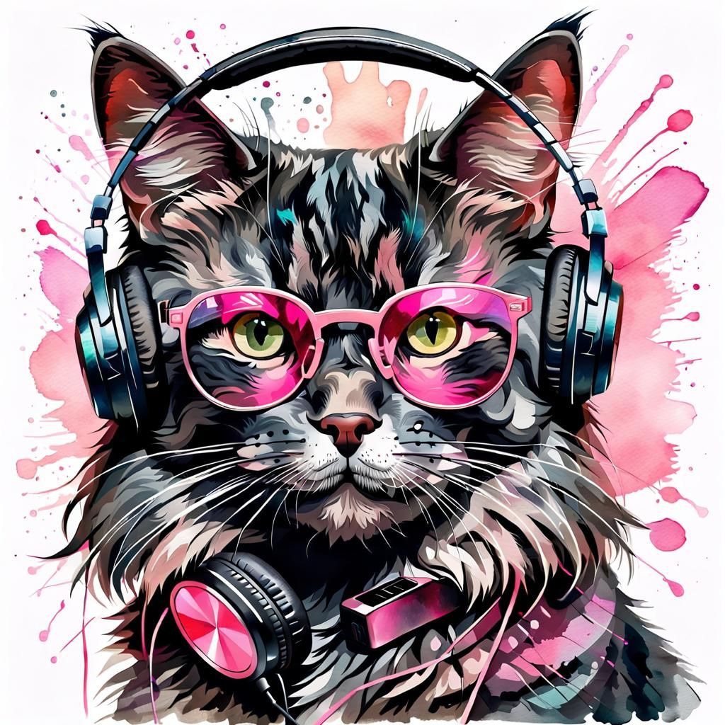 black-gray maincoon cat with headphones - AI Generated Artwork ...