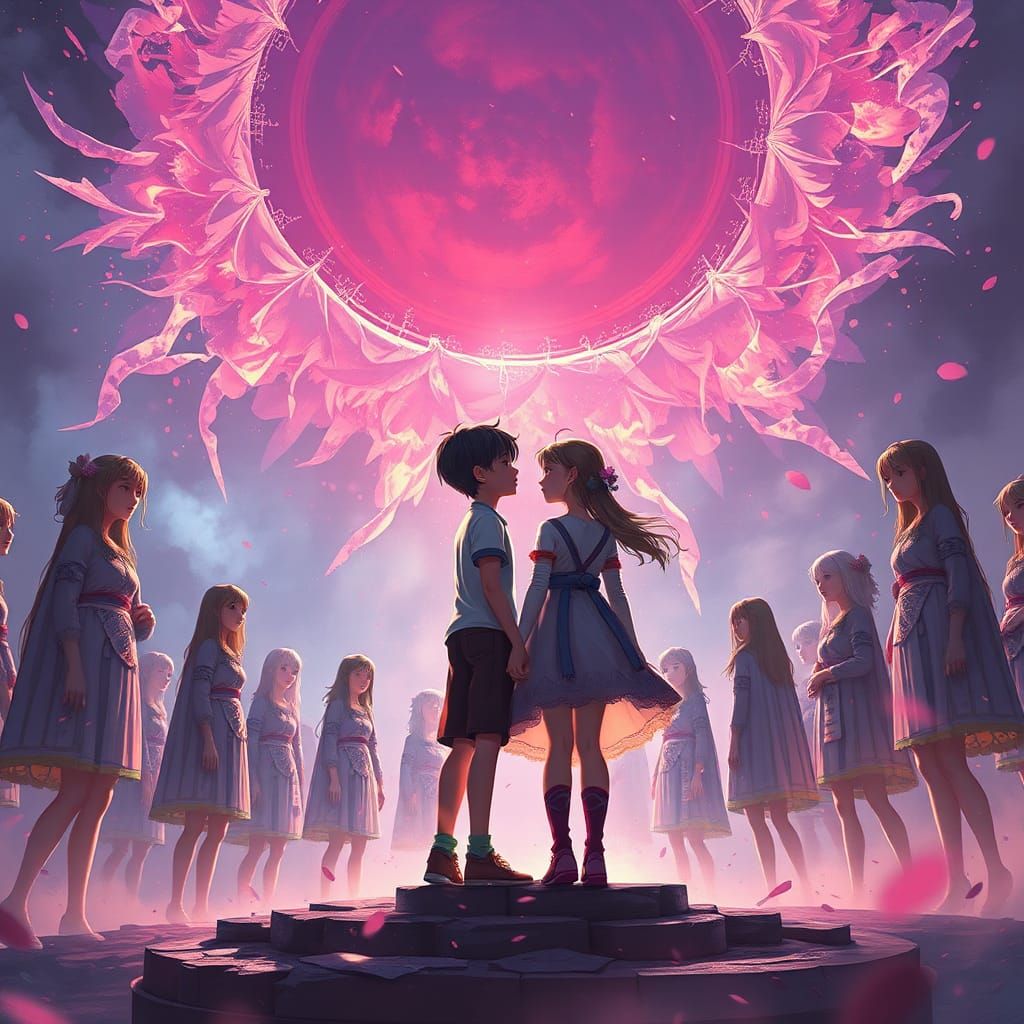 Boy and Girl Surrounded by Onlookers: Fantasy Art