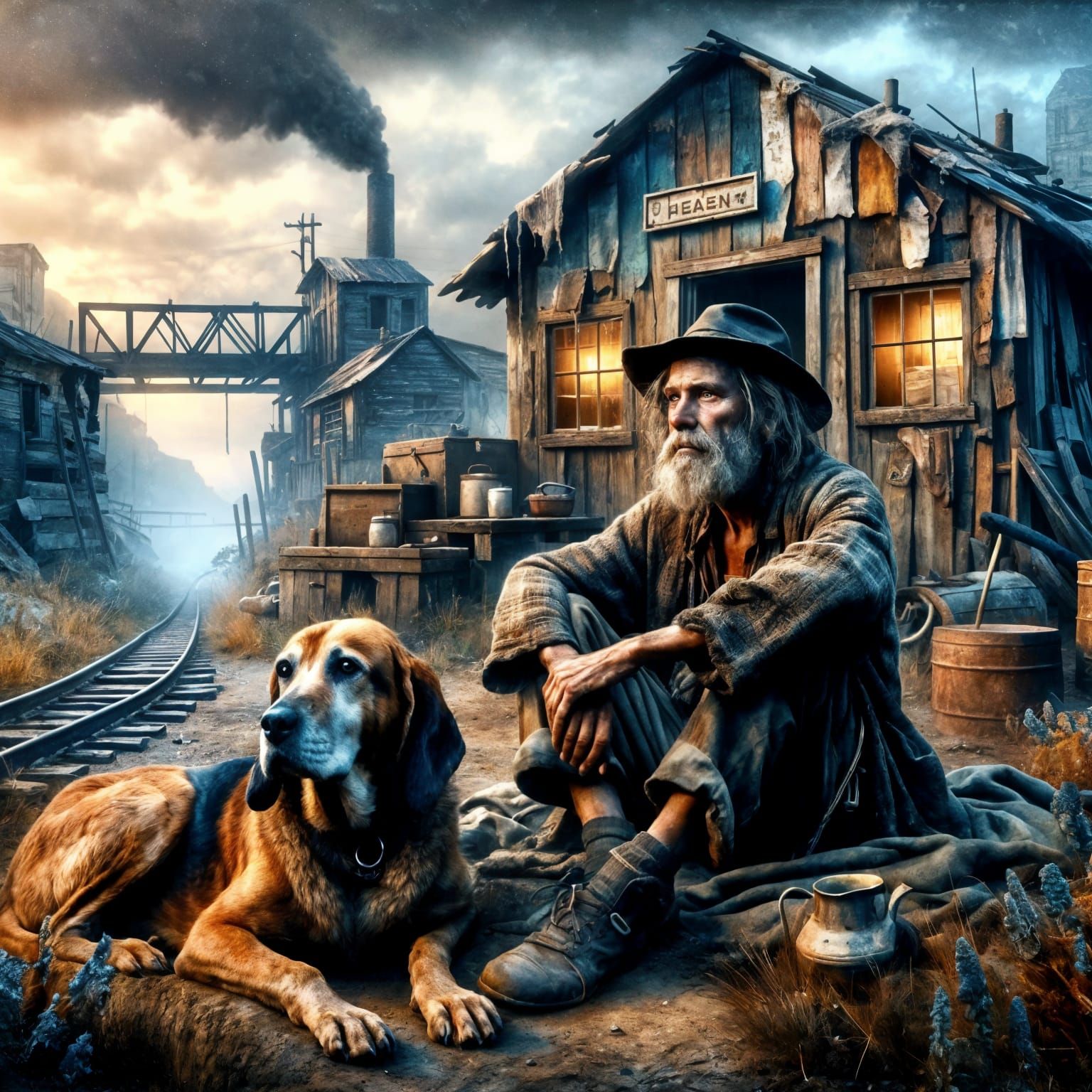 (3 likes) Hobo and his old hound dog in front of Ramshackle shack near railroad tracks small town 1930s  by @Taralie