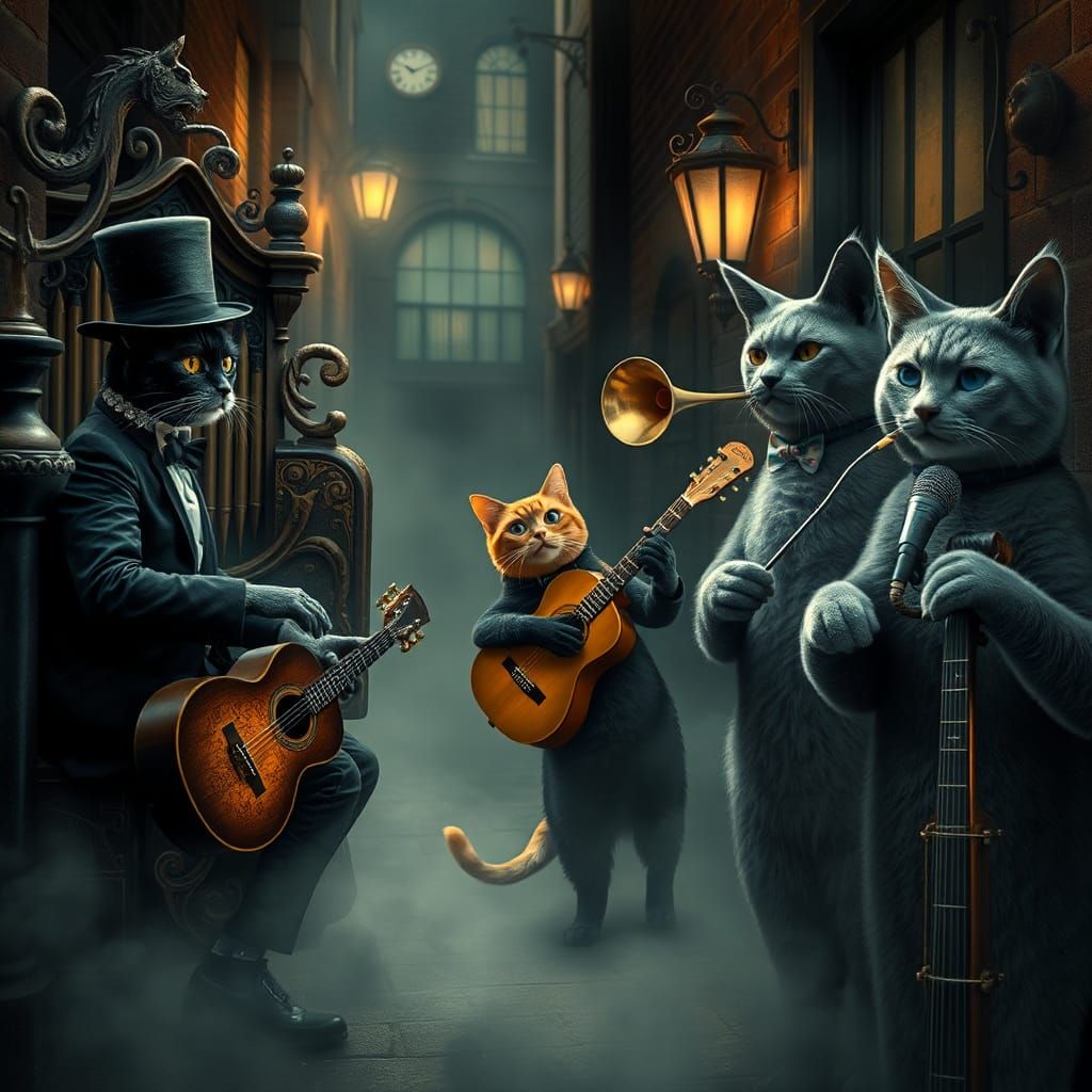Whimsical Feline Orchestra in Foggy London Alley