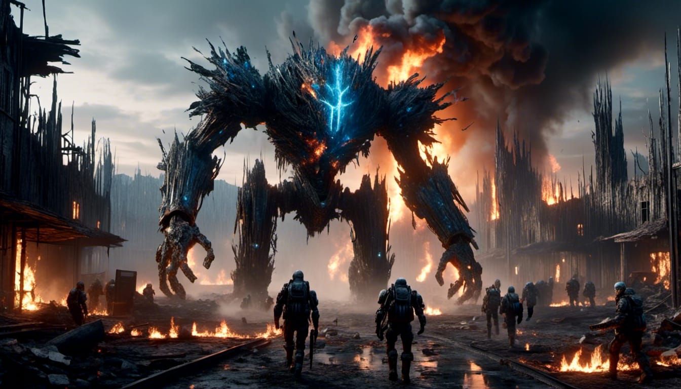 <lora:Omnious:1.0> A damaged battle-mech emerges out of a burning alien town with soldiers walking in front of it.