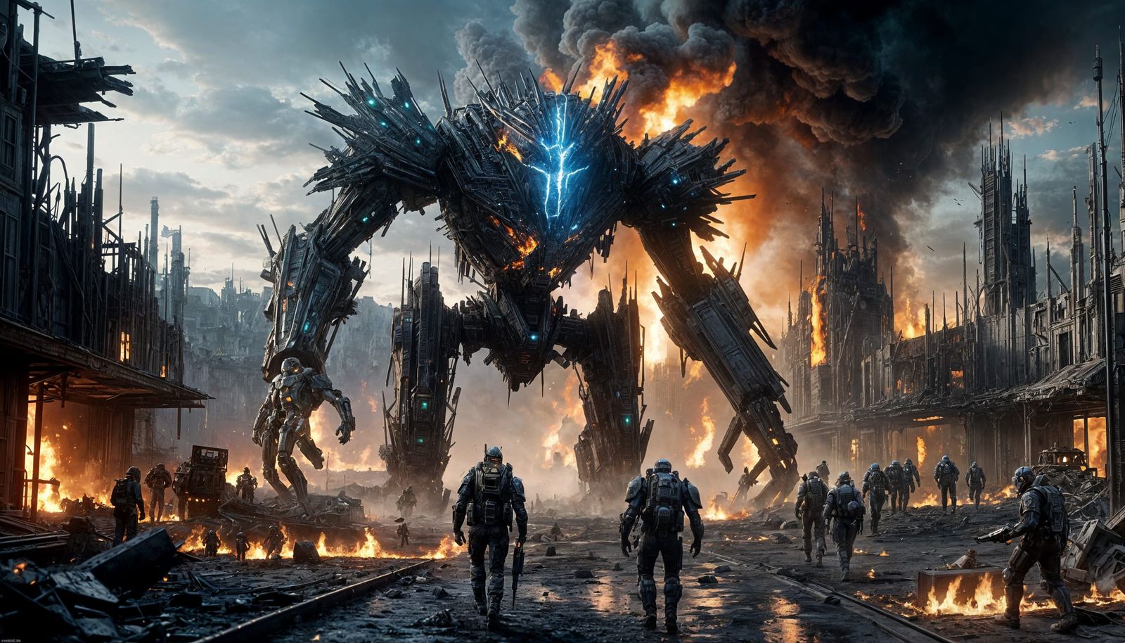 <lora:Omnious:1.0> A damaged battle-mech emerges out of a bu...