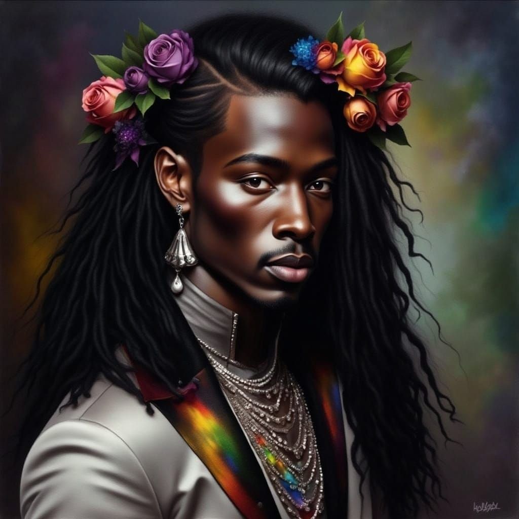 <lora:Rainbow Intensity:1.0> Artistic painting of a black man with roses, pearls, white and rainbow clothes, rainbow background, matte skin...