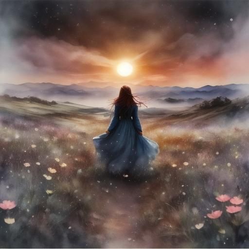 Woman in Flowing Dress in Watercolor Style