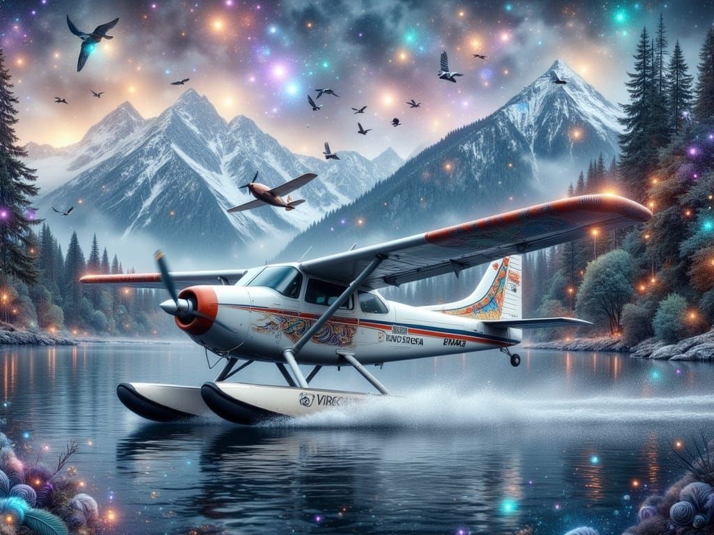  <lora:FiosMysticAura:1.0> A Small seaplane flying over Vancouver landing on a lake. 