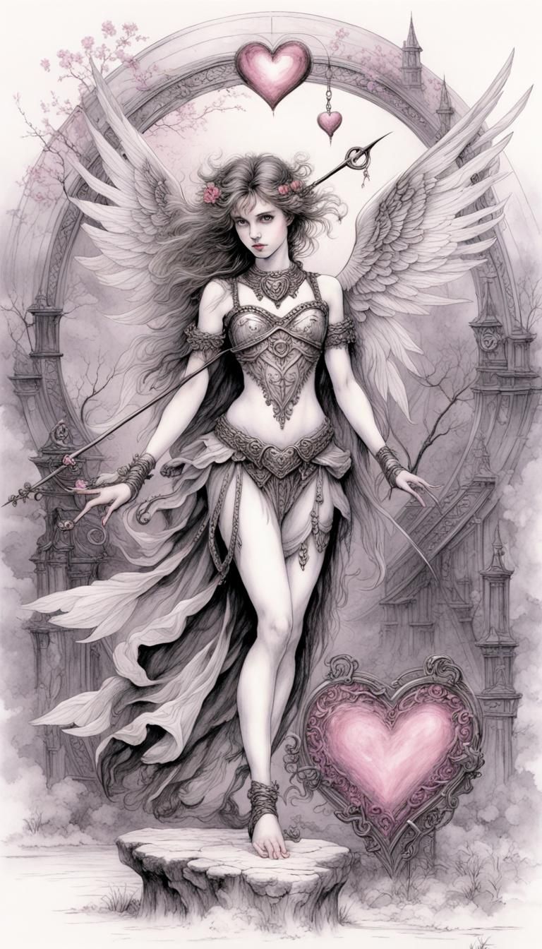 Cupid with a heart, adult coloring sheet, black and white, s...