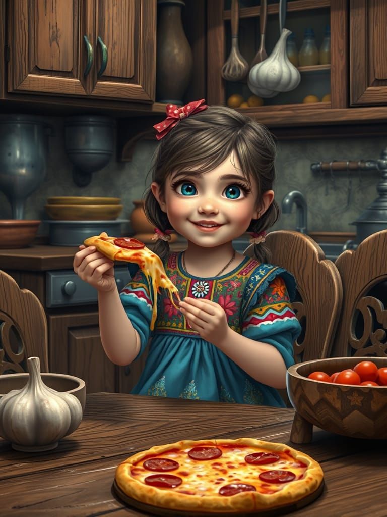A little girl in traditional dress and big blue eyes, in a cozy, warm and bright kitchen. She sits at a carved table and happily eats pepper...