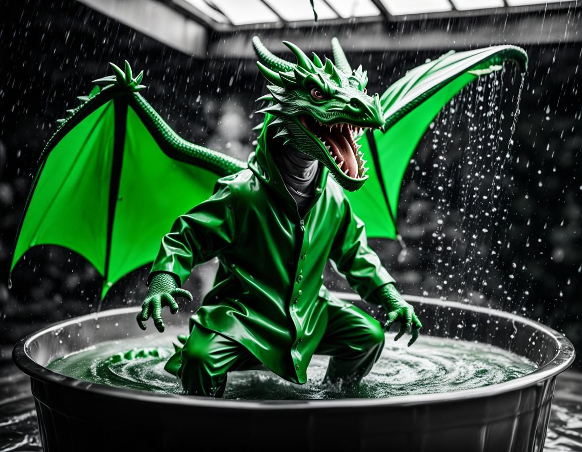 Drache in einem grünen Regenmantel, AI Generated Artwork NightCafe Creator