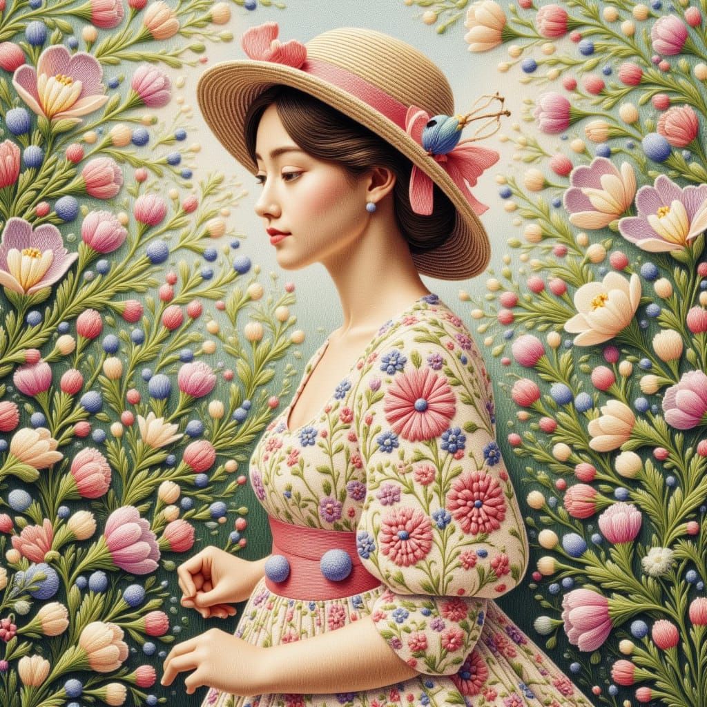 Lady in spring tapestry stitch <lora:Tapestry Touches 2:1.0>