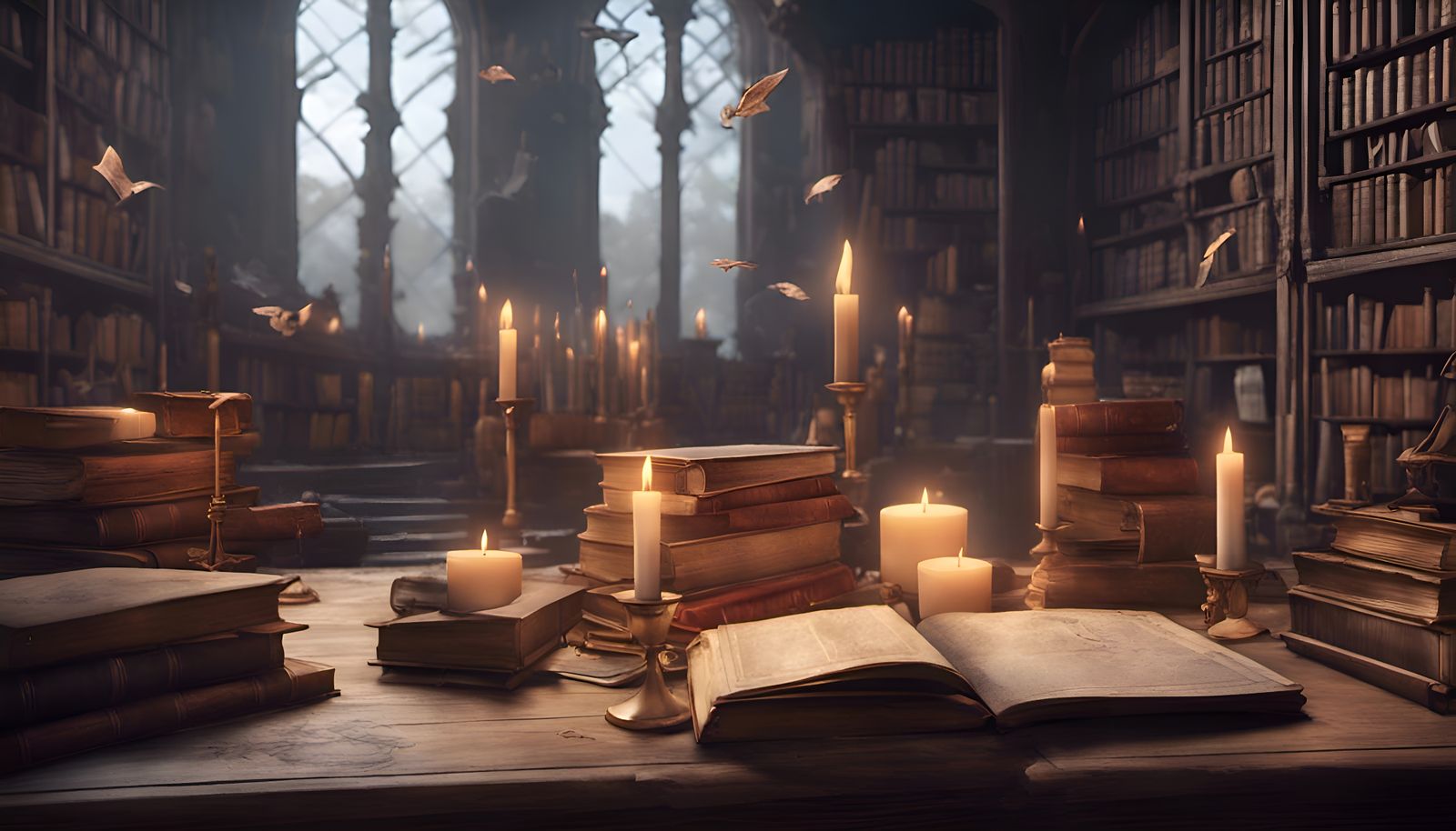 magical library with floating books and candles full of rese...