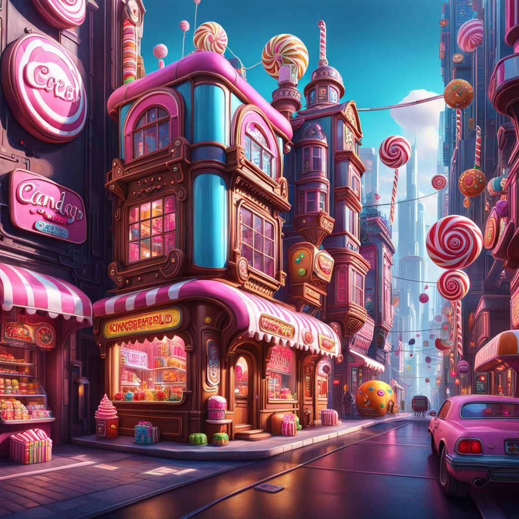 gingerbread and candy cyberpunk metropolis, street view, Can...