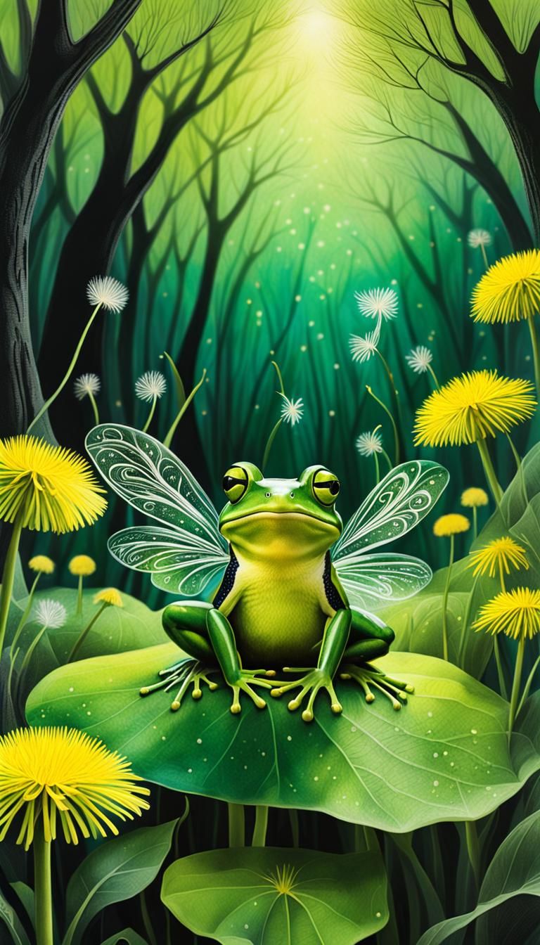 A vivid representation of a green frog  with fairy wings nes...