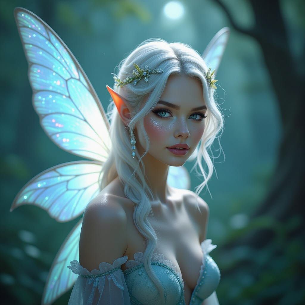 (Beauty shot:1.3) photo of a bald, stunning fairy, iridescent wings spread, delicate translucent skin shimmering with pixie dust, upper body...
