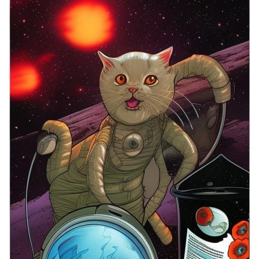 Alien cat 
astronauts with Space X drinking cups of coffee a...