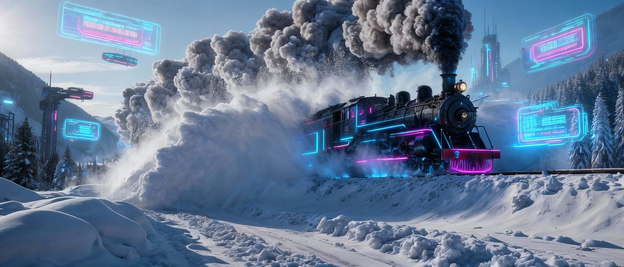 high speed train smashing a pile of snow on the train tracks