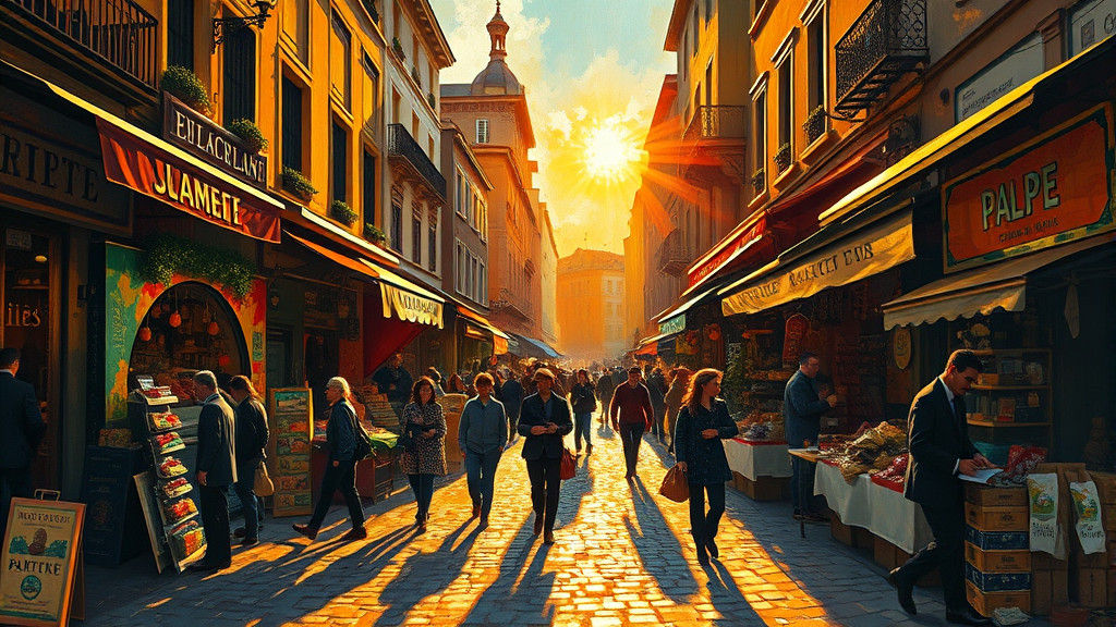 "A bustling marketplace under bright midday sunlight, with shadows of people moving dynamically."