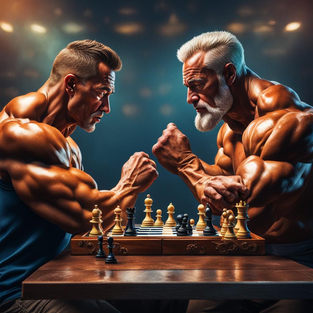 Two bodybuilders playing chess Hyperrealistic, splash art, c...