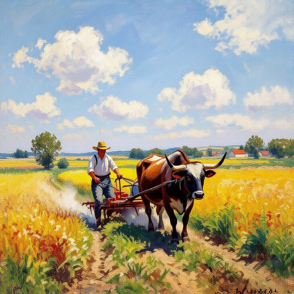 Painting by Claude Monet. A farmer plowing with an ox in a field. A wide, bright field. Contrasting colors