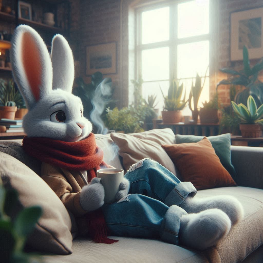 Anthropomorphic rabbit relaxing