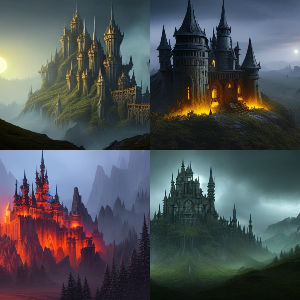a haunting castle in the style of zdzlaw bekinski, james gurney and ivan shishkin (oil on canvas), matte painting. a mas...