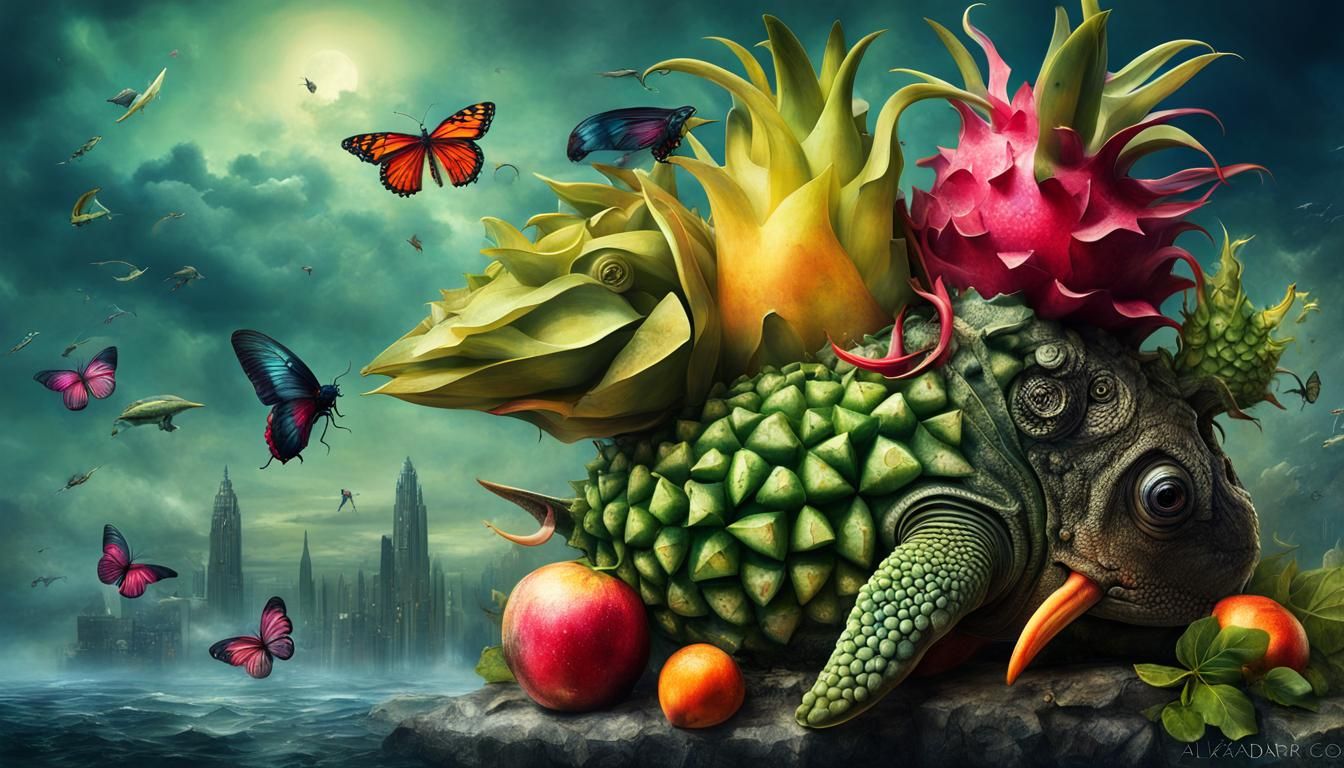 Surreal vegetables by Alexander_Jansson bird-dragon fruit hybrid indigo ...