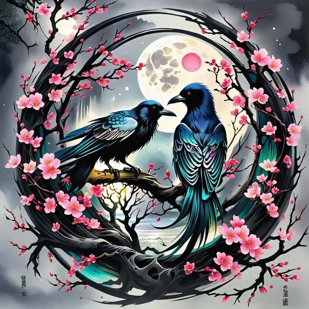 Chinese ink painting, mermaidpunk metalcore moon portal, rav...