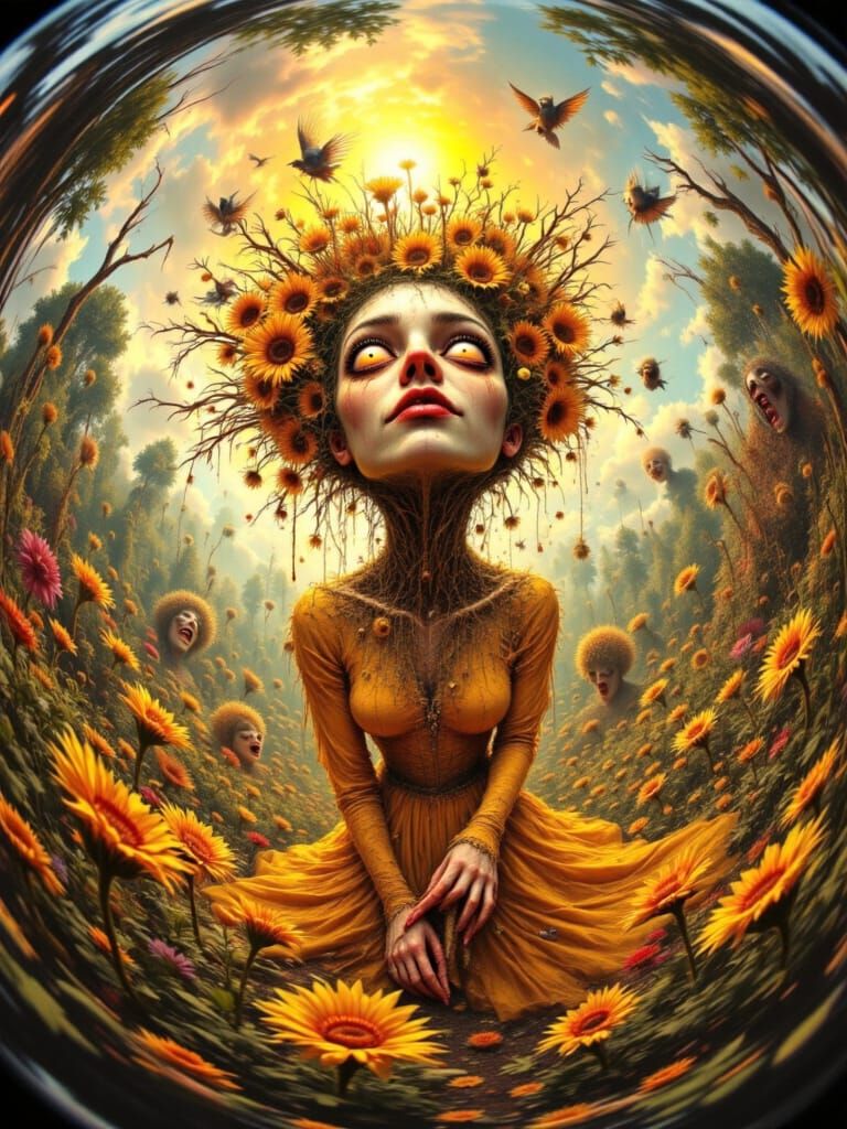 A surreal portrait of a woman with distorted, asymmetrical features, big topaz-yellow eyes that sparkle with mischief, and an elongated face...