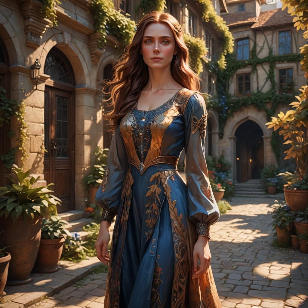 Woman in Sunlit Courtyard: Fantasy Concept Art