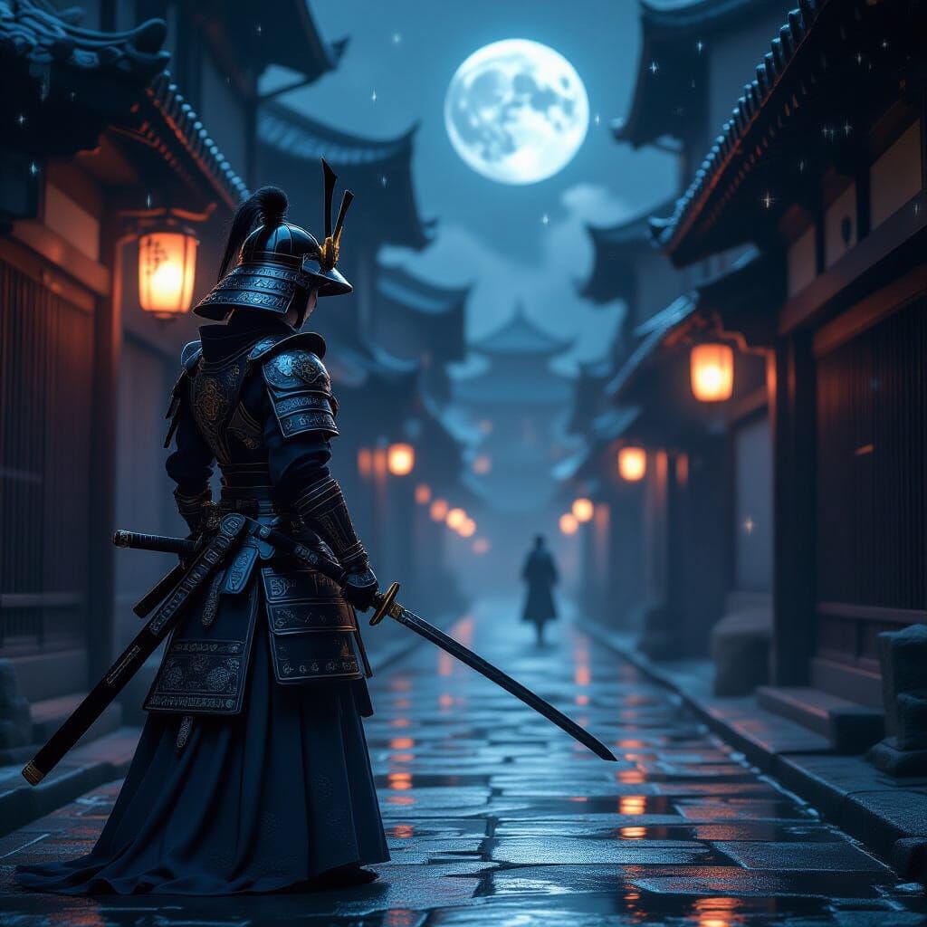 A lone samurai warrior, ornately armored, stands in an alley facing her worst enemy in a medieval Japanese city. Reflections of the moon and...