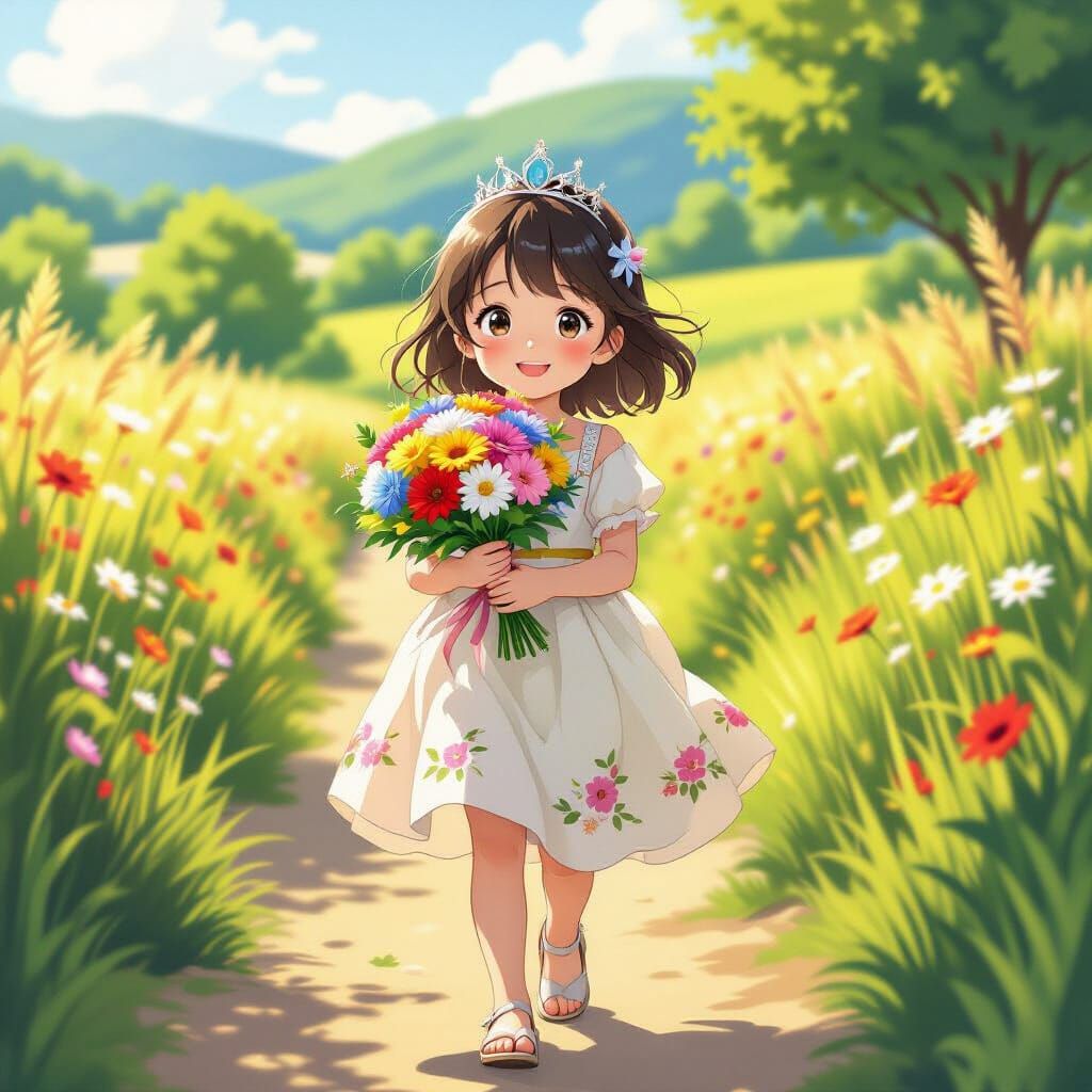 Korean Girl in Sunny Countryside Digital Anime Style