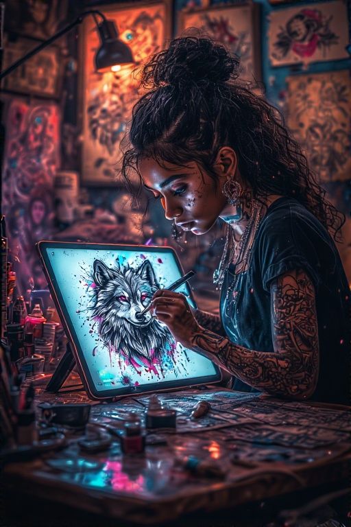 A black Egyptian female tattoo artist is meticulously crafti...