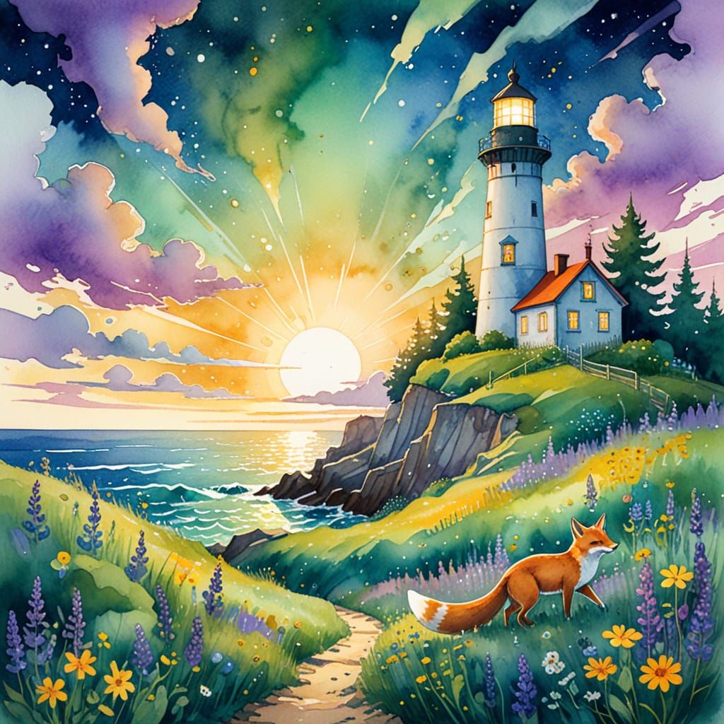 A whimsical storybook illustration of a lighthouse inhabited by playful foxes dressed in vintage attire, ...  by @Jano