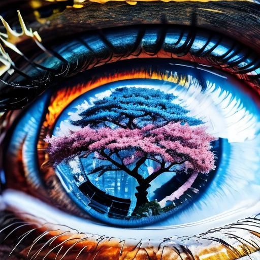 "macro shot of “flower forest <lora:Eyeeezzzzz:1.0> inside an eye" double exposure collage art illustration, silhouette art, fantasy, hdr, v...