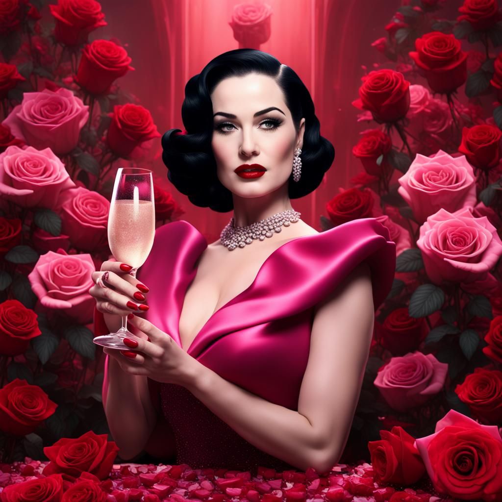 Dita von teese holding a pink champagne glass among red rose...