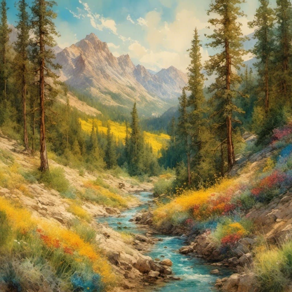 Mountain scene, with pines and a lazy river with wildflowers...