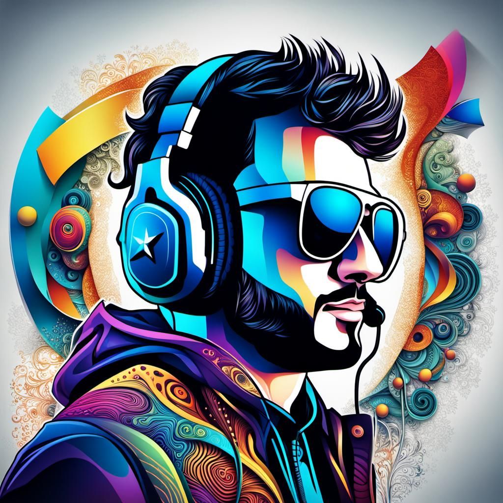 beautiful colors, curves and swirls,  portrait of a star DJ ...