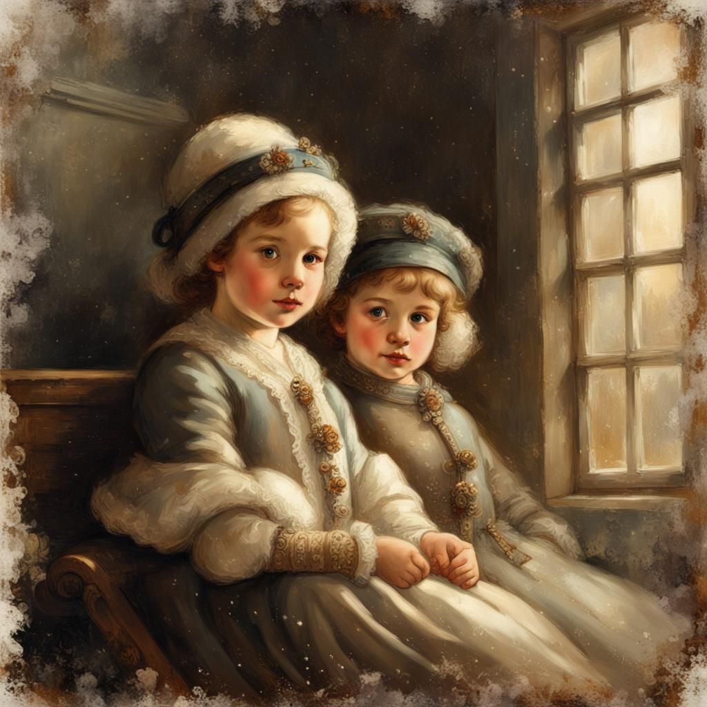 vintage winter postcard, shabby chic, children under the sof...
