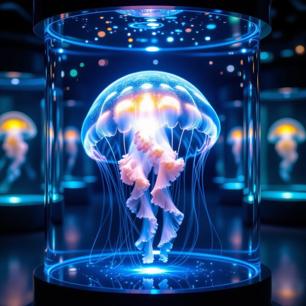 Photograph. Close-up shot. A bioluminescent jellyfish floats in a glass display case in a futuristic museum. The jellyfish shimmers with oth...