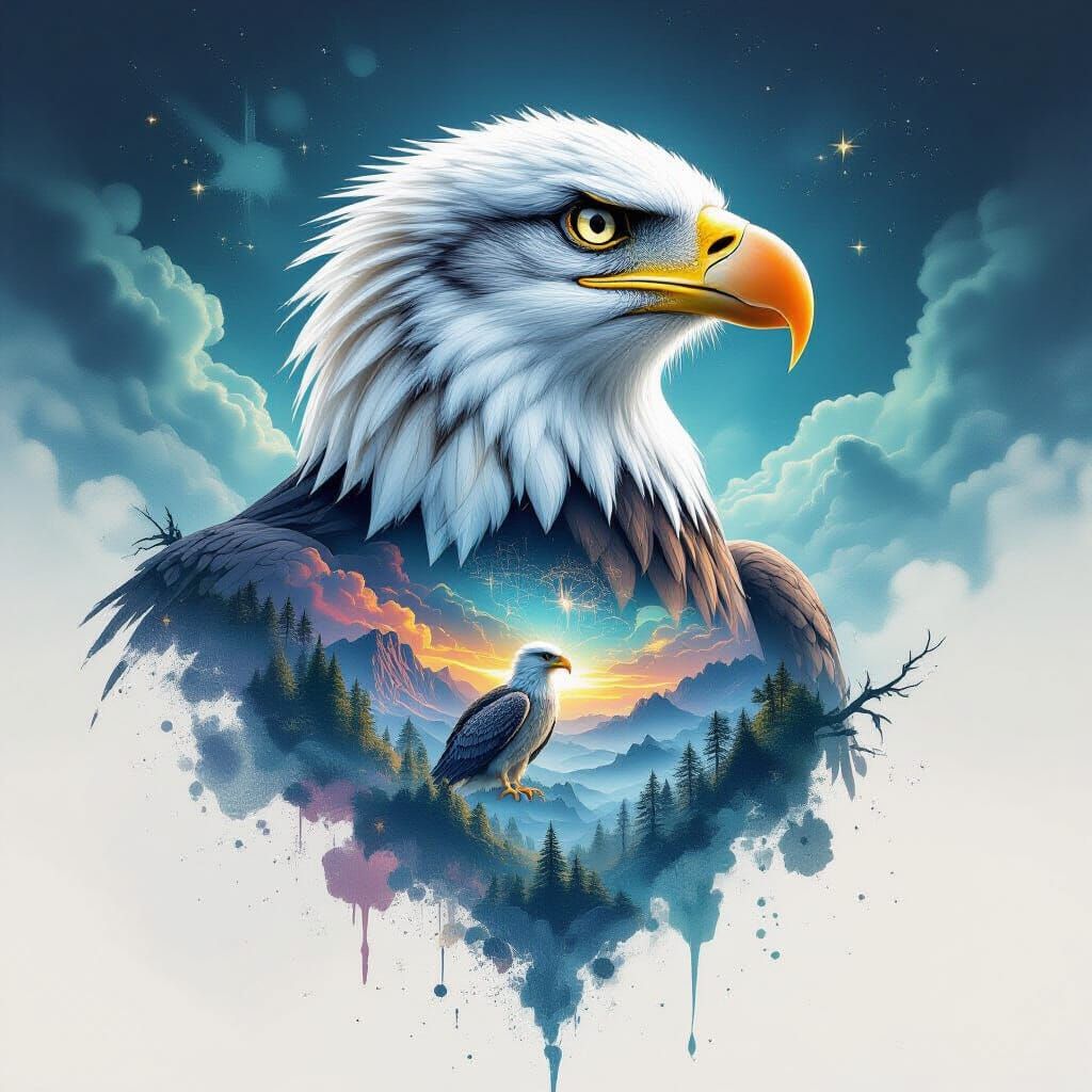 A captivating image of a majestic eagle with a double exposure effect. The artwork combines the power ...  by @Hani1