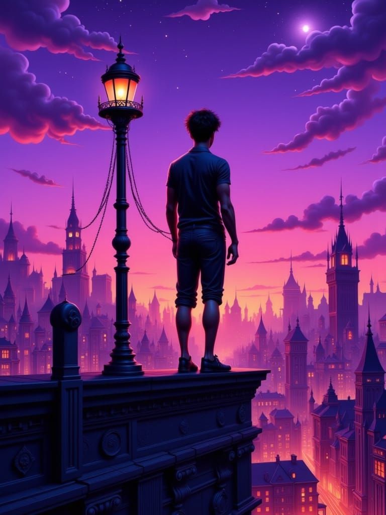 Man Overlooks Futuristic Cityscape at Night