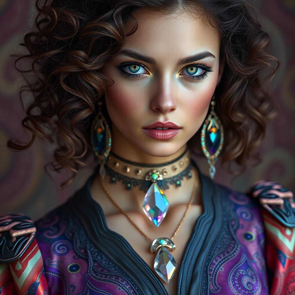 Futuristic Woman with Green Eyes in Ornate Outfit