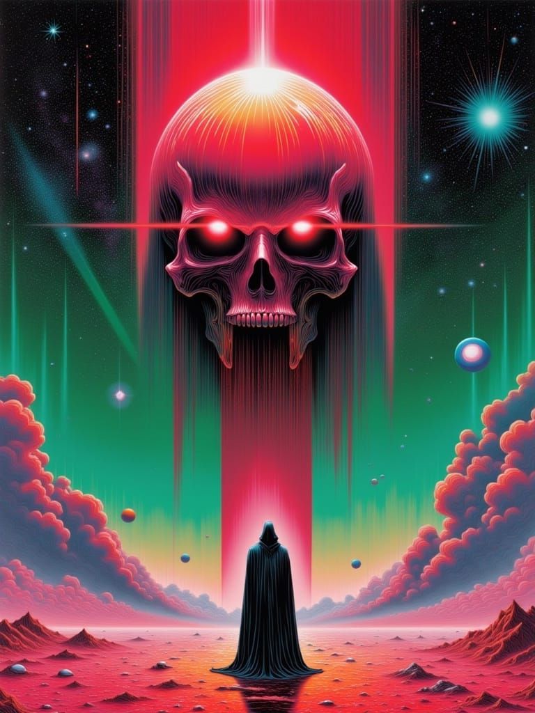 A striking, surreal digital art piece set in a virtual reality world. The main focus is a spectral entity resembling the Grim Reaper, with a...