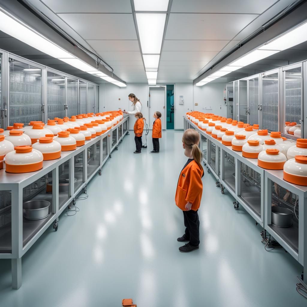 A futuristic laboratory filled with rows of low round metal,...