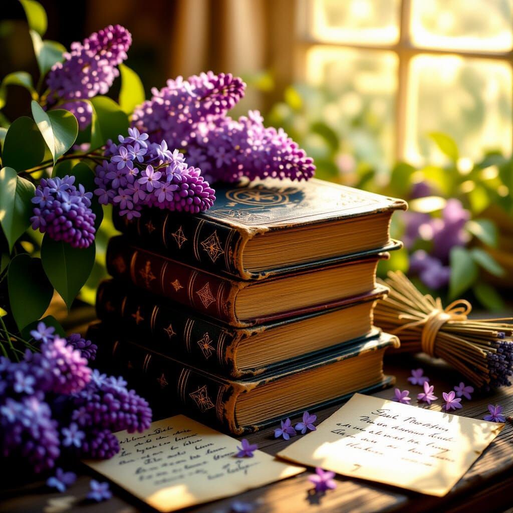Antique Spellbooks with Lilacs in Golden Light