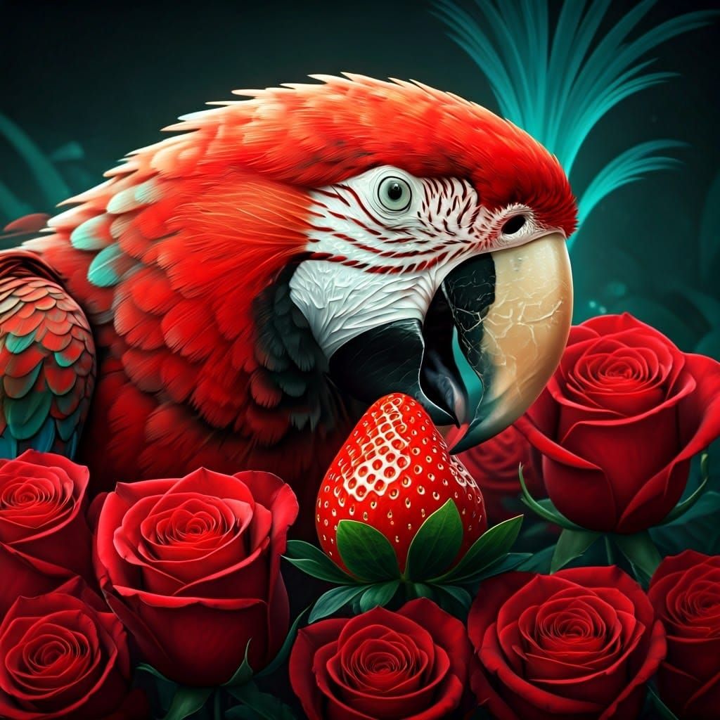 Vibrant Red Parrot Amidst Roses in Iridescent Hues