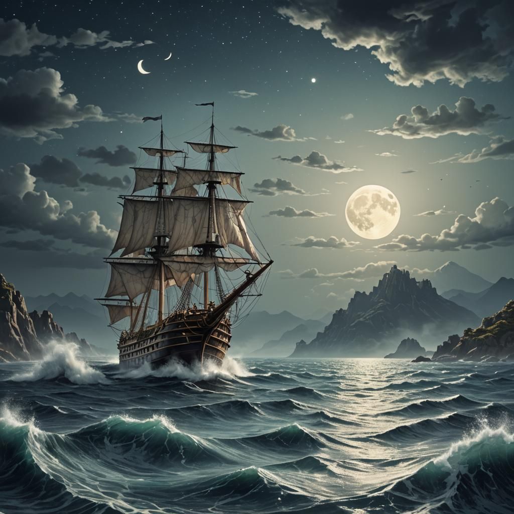 Tile art: a ship on the water, moonlight
